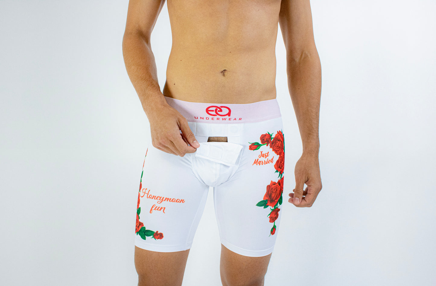 White boxer briefs with floral design and text on a white background, Front View