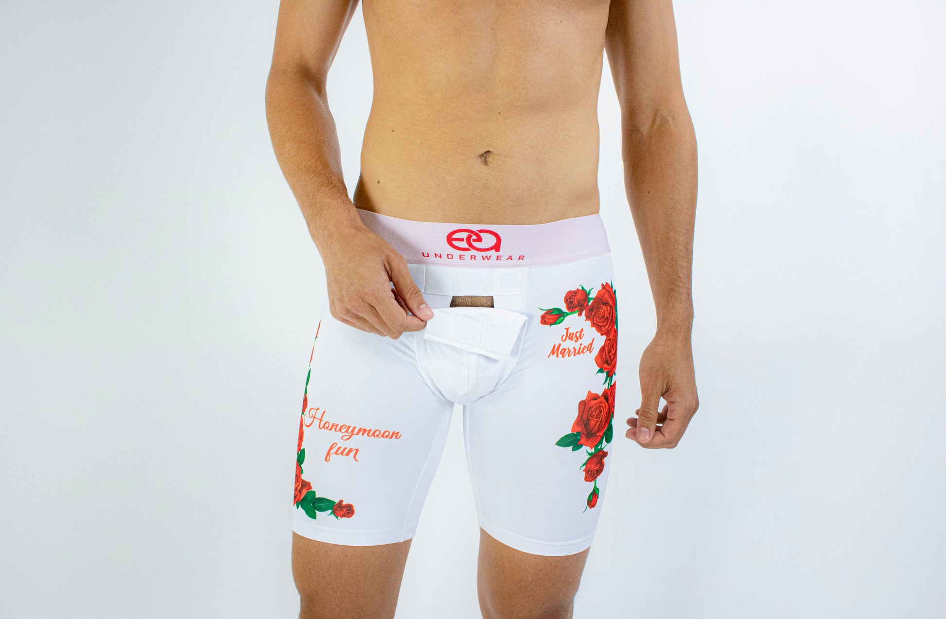 White boxer briefs with floral design and text on a white background, Front View