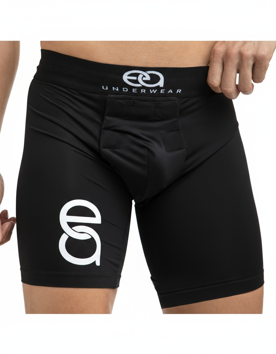 Black underwear with a logo on a white background, Front View