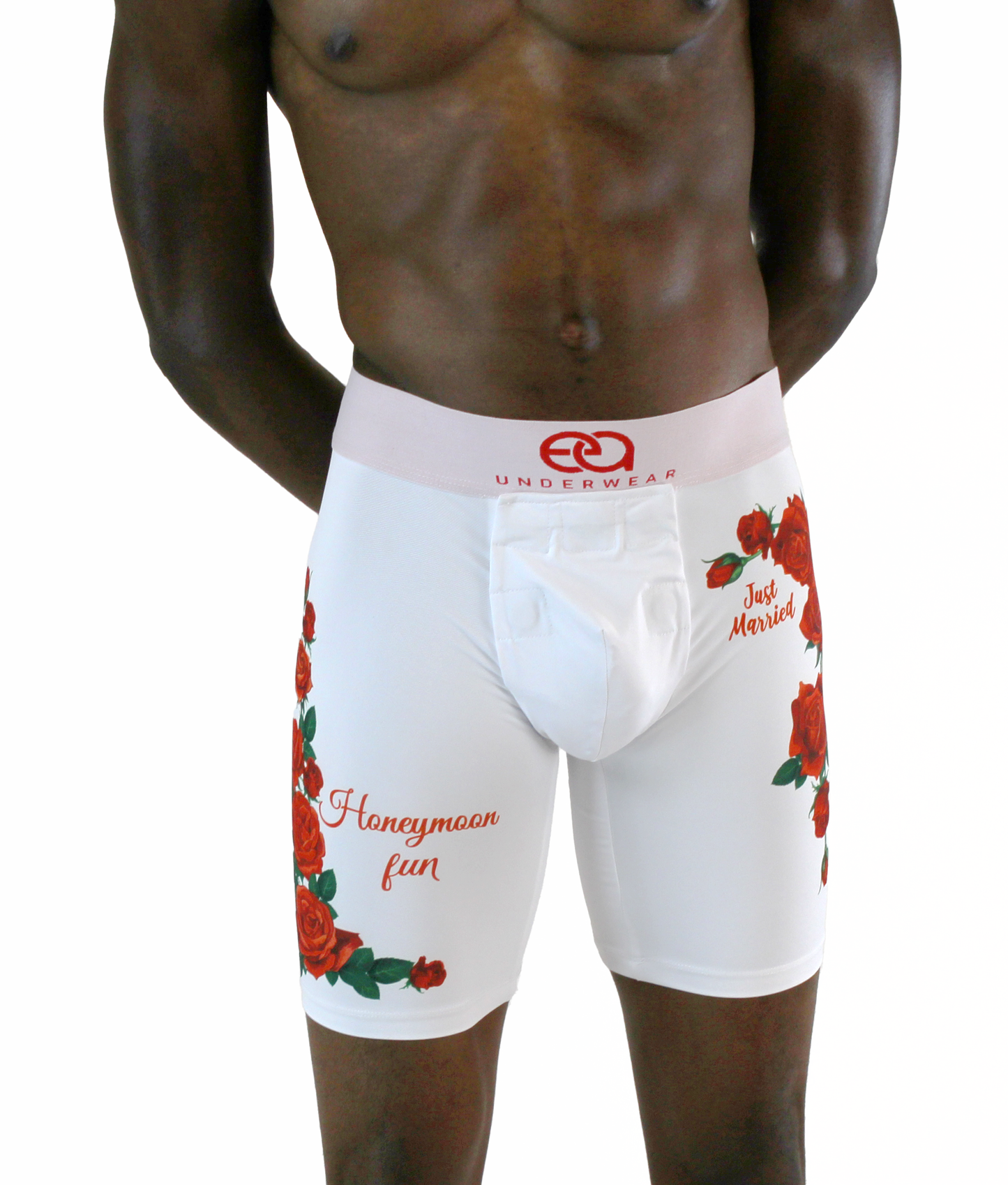 A model wearing white boxer briefs with a floral pattern and the text 'HONEYMOON FUN' on the leg, Front View